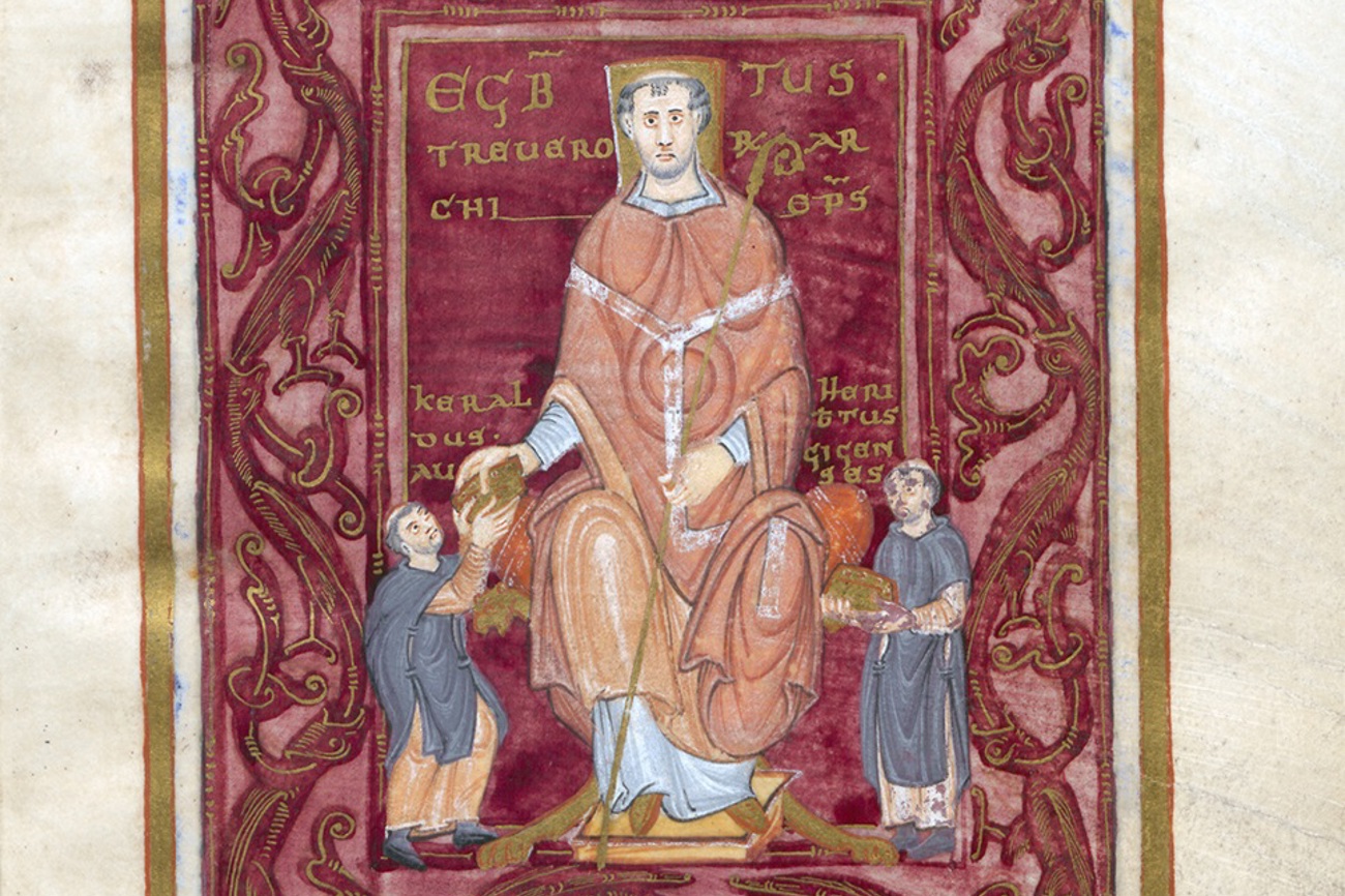 Widmungsbild des Egbert-Codex: Egbert, Erzbischof von Trier, erhält den Codex von den Reichenauer Mönchen Kerald und Heribert. (Bild: © Stadtbibliothek/Stadtarchiv Trier)