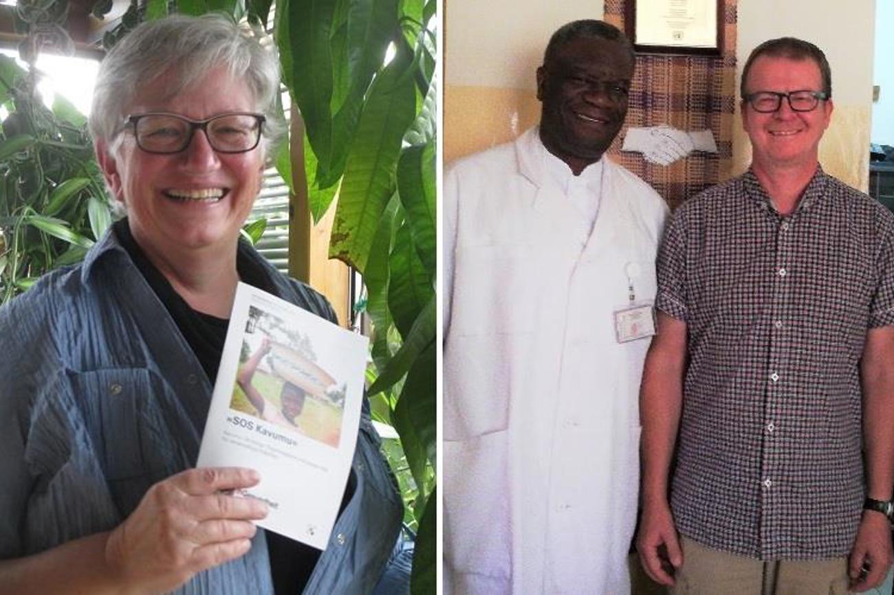 Vreni Rutishauser von FH Schweiz arbeitet mit dem frisch gekürten Friedensnobelpreisträger Denis Mukwege
zusammen. Ganz rechts ist FH Schweiz-Mitarbeiter Roger Zürcher abgebildet